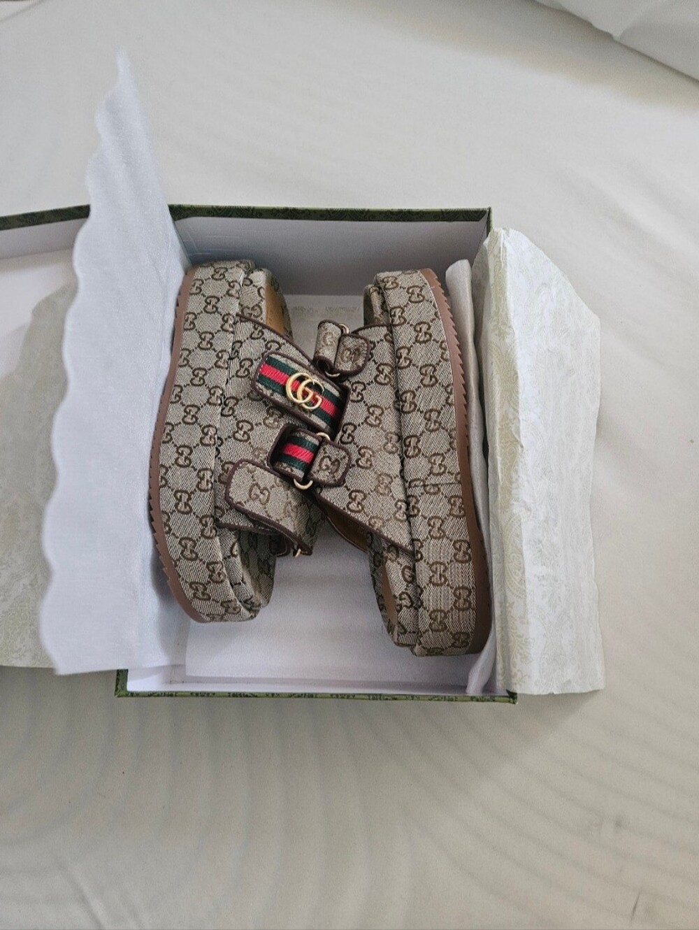 Gucci Beige Monogram Platform Slides with Green-Red Web and Gold GG - Picture 3 of 4